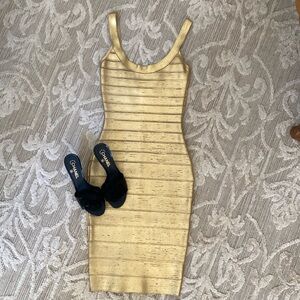 HERVE LEGER Gold Fitted Dress Size Small